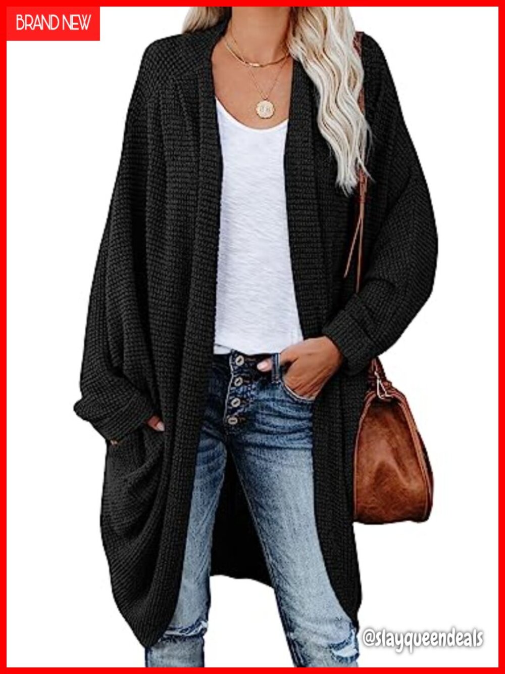 Womens Open Front Knit Cardigan Batwing Sleeve Oversized Chunky Waffle Sweater